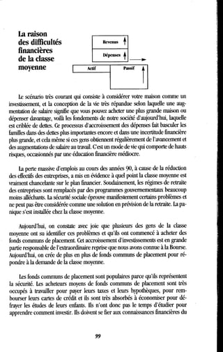 La raison
des difficultés
financières
de la classe
moyenne
Revenus
Dépenses
t
Passif
Le scénario très courant qui consiste à considérer votre maison comme un
investissement, et la conception de la vie très répandue selon laquelle une aug-
mentation de salaire signifie que vous pouvez acheter une plus grande maison ou
dépenser davantage, voilà les fondements de notre société d'aujourd'hui, laquelle
est criblée de dettes. Ce processus d'accroissement des dépenses fait basculer les
familles dans des dettes plus importantes encore et dans une incertitude financière
plus grande, et cela même si ces gens obtiennent régulièrement de l'avancement et
des augmentations de salaire au travail . C'est un mode de vie qui comporte de hauts
risques, occasionnés par une éducation financière médiocre .
La perte massive d'emplois au cours des années 90, à cause de la réduction
des effectifs des entreprises, a mis en évidence à quel point la classe moyenne est
vraiment chancelante sur le plan financier . Soudainement, les régimes de retraite
des entreprises sont remplacés par des programmes gouvernementaux beaucoup
moins alléchants . La sécurité sociale éprouve manifestement certains problèmes et
ne peut pas être considérée comme une solution en prévision de la retraite . La pa-
nique s'est installée chez la classe moyenne.
Aujourd'hui, on constate avec joie que plusieurs des gens de la classe
moyenne ont su identifier ces problèmes et qu'ils ont commencé à acheter des
fonds communs de placement . Cet accroissement d'investissements est en grande
partie responsable de l'extraordinaire reprise que nous avons connue à la Bourse .
Aujourd'hui, on crée de plus en plus de fonds communs de placement pour ré-
pondre à la demande de la classe moyenne.
Les fonds communs de placement sont populaires parce qu'ils représentent
la sécurité. Les acheteurs moyens de fonds communs de placement sont très
occupés à travailler pour payer leurs taxes et leurs hypothèques, pour rem-
bourser leurs cartes de crédit et ils sont très absorbés à économiser pour dé-
frayer les études de leurs enfants. Ils n'ont donc pas le temps d'étudier pour
apprendre comment investir. Ils doivent se fier aux connaissances financières du
99
 