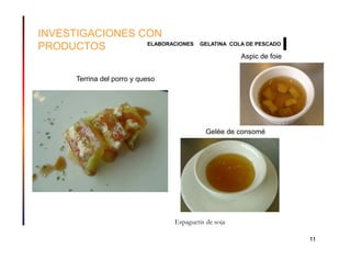 INVESTIGACIONES CON
                 ELABORACIONES              GELATINA COLA DE PESCADO
PRODUCTOS
                                                        Aspic de foie


       Terrina del porro y queso




                                              Gelée de consomé




                                   Espaguetis de soja

                                                                        11
 
