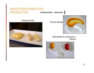 INVESTIGACIONES CON
PRODUCTOS        ELABORACIONES    AGAR-AGAR




        Pasta de Pollo
                            Puré de Mango




                                 Mermelada de melocotón y
                                                  Mango




                                                            12
 