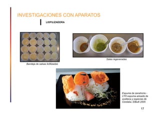INVESTIGACIONES CON APARATOS
                     LIOFILIZADORA




                                     Salas regeneradas
   Bandeja de salsas liofilizadas




                                                  Espuma de zanahoria -
                                                  LYO espuma aireada de
                                                  avellana y especias de
                                                  Córdaba. ElBulli 2005

                                                                 17
 