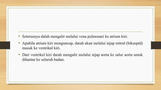 • Seterusnya dalah mengalir melalui vena pulmonari ke atrium kiri.
• Apabila atrium kiri menguncup, darah akan melalui injap mitral (bikuspid)
masuk ke ventrikal kiri.
• Dari ventrikel kiri darah mengalir melalui injap aorta ke salur aorta untuk
dihantar ke seluruh badan.
 