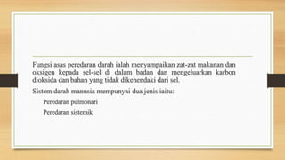 Fungsi asas peredaran darah ialah menyampaikan zat-zat makanan dan
oksigen kepada sel-sel di dalam badan dan mengeluarkan karbon
dioksida dan bahan yang tidak dikehendaki dari sel.
Sistem darah manusia mempunyai dua jenis iaitu:
Peredaran pulmonari
Peredaran sistemik
 