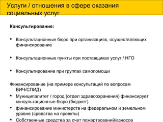 Услуги / отношения в сфере оказания
социальных услуг
Консультирование:
 Консультационные бюро при организациях, осуществляющих
финансирование
 Консультационные пункты при поставщиках услуг / НГО
 Консультирование при группах самопомощи
Финансирование (на примере консультаций по вопросам
ВИЧ/СПИД)
 Муниципалитет / город (отдел здравоохранения) финансирует
консультационные бюро (бюджет)
 финансирование министерств на федеральном и земельном
уровне (средства на проекты)
 Собственные средства за счет пожертвований/взносов
 
