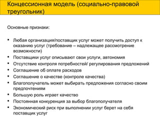 Концессионная модель (социально-правовой
треугольник)
Основные признаки:
 Любая организация/поставщик услуг может получить доступ к
оказанию услуг (требование – надлежащее рассмотрение
возможности)
 Поставщики услуг описывают свои услуги, автономия
 Отсутствие контроля потребностей/ регулирования предложений
 Соглашение об оплате расходов
 Соглашение о качестве (контроле качества)
 Благополучатель может выбирать предложения согласно своим
предпочтениям
 Большую роль играет качество
 Постоянная конкуренция за выбор благополучателя
 Экономический риск при выполнении услуг берет на себя
поставщик услуг
 