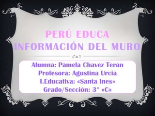 Alumna: Pamela Chavez Teran
Profesora: Agustina Urcia
I.Educativa: «Santa Ines»
Grado/Sección: 3° «C»
PERÚ EDUCA
INFORMACIÓN DEL MURO
 