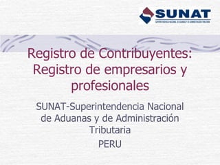 Registro de Contribuyentes:
Registro de empresarios y
profesionales
SUNAT-Superintendencia Nacional
de Aduanas y de Administración
Tributaria
PERU

 