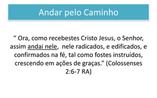 Andar pelo Caminho
“ Ora, como recebestes Cristo Jesus, o Senhor,
assim andai nele, nele radicados, e edificados, e
confirmados na fé, tal como fostes instruídos,
crescendo em ações de graças.” (Colossenses
2:6-7 RA)
 