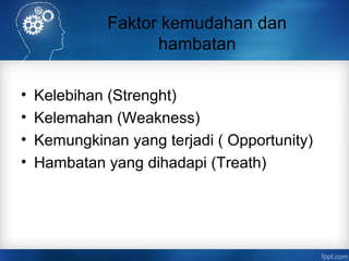 Faktor kemudahan dan 
hambatan 
• Kelebihan (Strenght) 
• Kelemahan (Weakness) 
• Kemungkinan yang terjadi ( Opportunity) 
• Hambatan yang dihadapi (Treath) 
 