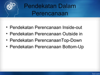 Pendekatan Dalam 
Perencanaan 
• Pendekatan Perencanaan Inside-out 
• Pendekatan Perencanaan Outside in 
• Pendekatan PerencanaanTop-Down 
• Pendekatan Perencanaan Bottom-Up 
 