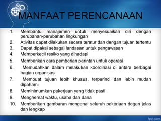 MANFAAT PERENCANAAN 
1. Membantu manajemen untuk menyesuaikan diri dengan 
perubahan-perubahan lingkungan 
2. Ativitas dapat dilakukan secara teratur dan dengan tujuan tertentu 
3. Dapat dipakai sebagai landasan untuk pengawasan 
4. Memperkecil resiko yang dihadapi 
5. Memberikan cara pemberian perintah untuk operasi 
6. Memudahkan dalam melakukan koordinasi di antara berbagai 
bagian organisasi 
7. Membuat tujuan lebih khusus, terperinci dan lebih mudah 
dipahami 
8. Meminimumkan pekerjaan yang tidak pasti 
9. Menghemat waktu, usaha dan dana 
10. Memberikan gambaran mengenai seluruh pekerjaan degan jelas 
dan lengkap 
 