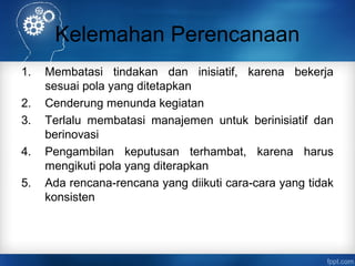 Kelemahan Perencanaan 
1. Membatasi tindakan dan inisiatif, karena bekerja 
sesuai pola yang ditetapkan 
2. Cenderung menunda kegiatan 
3. Terlalu membatasi manajemen untuk berinisiatif dan 
berinovasi 
4. Pengambilan keputusan terhambat, karena harus 
mengikuti pola yang diterapkan 
5. Ada rencana-rencana yang diikuti cara-cara yang tidak 
konsisten 
 
