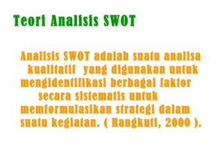 Teori Analisis SWOT
Analisis SWOT adalah suatu analisa
kualitatif yang digunakan untuk
mengidentifikasi berbagai faktor
secara sistematis untuk
memformulasikan strategi dalam
suatu kegiatan. ( Rangkuti, 2000 ).
 