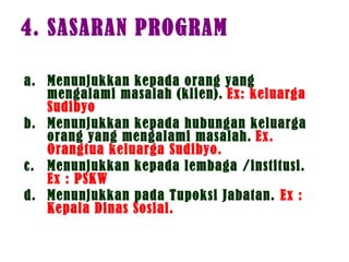 4. SASARAN PROGRAM
a. Menunjukkan kepada orang yang
mengalami masalah (klien). Ex: keluarga
Sudibyo
b. Menunjukkan kepada hubungan keluarga
orang yang mengalami masalah. Ex.
Orangtua keluarga Sudibyo.
c. Menunjukkan kepada lembaga /institusi.
Ex : PSKW
d. Menunjukkan pada Tupoksi Jabatan. Ex :
Kepala Dinas Sosial.
 