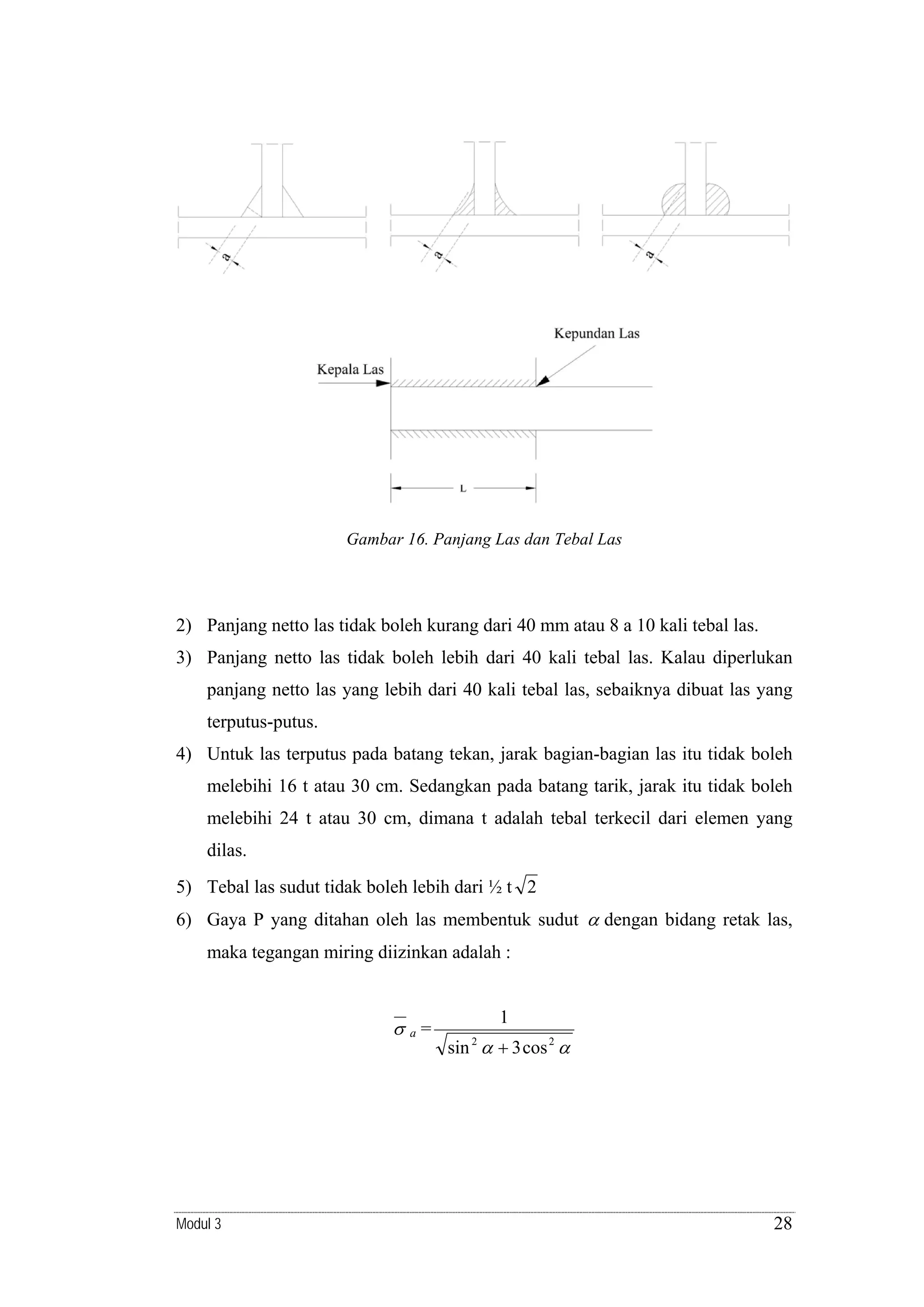 Gambar 16. Panjang Las dan Tebal Las

2) Panjang netto las tidak boleh kurang dari 40 mm atau 8 a 10 kali tebal las.
3) Panjang netto las tidak boleh lebih dari 40 kali tebal las. Kalau diperlukan
panjang netto las yang lebih dari 40 kali tebal las, sebaiknya dibuat las yang
terputus-putus.
4) Untuk las terputus pada batang tekan, jarak bagian-bagian las itu tidak boleh
melebihi 16 t atau 30 cm. Sedangkan pada batang tarik, jarak itu tidak boleh
melebihi 24 t atau 30 cm, dimana t adalah tebal terkecil dari elemen yang
dilas.
5) Tebal las sudut tidak boleh lebih dari ½ t 2
6) Gaya P yang ditahan oleh las membentuk sudut α dengan bidang retak las,
maka tegangan miring diizinkan adalah :

σa=

Modul 3

1
sin 2 α + 3 cos 2 α

28

 