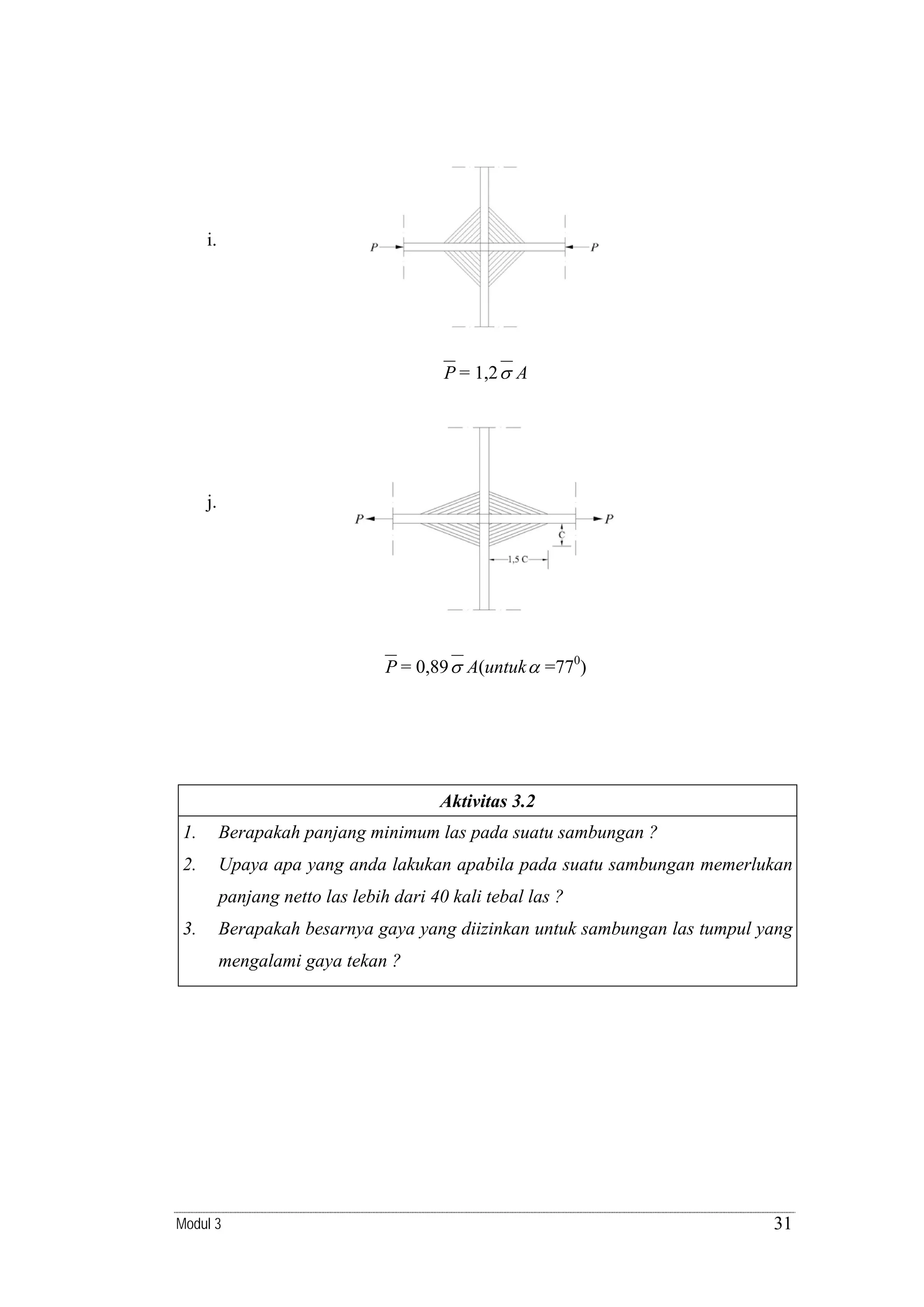 i.

P = 1,2 σ A

j.

P = 0,89 σ A(untuk α =770)

Aktivitas 3.2

1.

Berapakah panjang minimum las pada suatu sambungan ?

2.

Upaya apa yang anda lakukan apabila pada suatu sambungan memerlukan
panjang netto las lebih dari 40 kali tebal las ?

3.

Berapakah besarnya gaya yang diizinkan untuk sambungan las tumpul yang
mengalami gaya tekan ?

Modul 3

31

 