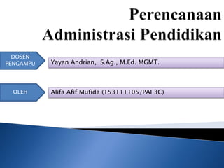 Yayan Andrian, S.Ag., M.Ed. MGMT.
DOSEN
PENGAMPU
OLEH Alifa Afif Mufida (153111105/PAI 3C)
 