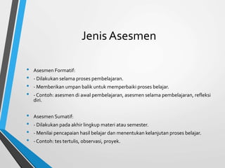 Jenis Asesmen
• Asesmen Formatif:
• - Dilakukan selama proses pembelajaran.
• - Memberikan umpan balik untuk memperbaiki proses belajar.
• - Contoh: asesmen di awal pembelajaran, asesmen selama pembelajaran, refleksi
diri.
• Asesmen Sumatif:
• - Dilakukan pada akhir lingkup materi atau semester.
• - Menilai pencapaian hasil belajar dan menentukan kelanjutan proses belajar.
• - Contoh: tes tertulis, observasi, proyek.
 