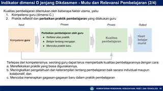 KEMENTERIAN PENDIDIKAN, KEBUDAYAAN, RISET, DAN TEKNOLOGI 43
Indikator dimensi D jenjang Dikdasmen - Mutu dan Relevansi Pembelajaran (2/4)
Kualitas pembelajaran ditentukan oleh beberapa faktor utama, yaitu:
1. Kompetensi guru (dimensi C,)
2. Praktik reflektif dan perbaikan praktik pembelajaran yang dilakukan guru
Terlepas dari kompetensinya, seorang guru dapat terus memperbaiki kualitas pembelajarannya dengan cara:
a. Merefleksikan praktik yang biasa digunakannya,
b. Meningkatkan pengetahuan dan keterampilan tentang pembelajaran baik secara individual maupun
kolaboratif, dan
c. Mencoba menerapkan gagasan-gagasan baru dalam praktik pembelajaran
 