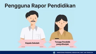 KEMENTERIAN PENDIDIKAN, KEBUDAYAAN, RISET, DAN TEKNOLOGI
Pengguna Rapor Pendidikan
Kepala Sekolah
Tenaga Pendidik
yang ditunjuk
 