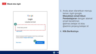 KEMENTERIAN PENDIDIKAN, KEBUDAYAAN, RISET, DAN TEKNOLOGI
3.
4.
Anda akan diarahkan menuju
laman login google.
Masukkan email Akun
Pembelajaran dengan alamat
email berakhiran
@dinas.belajar.id atau
@admin.jenjang.belajar.id
Klik Berikutnya
3
4
Masuk atau login
I
 