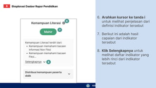 KEMENTERIAN PENDIDIKAN, KEBUDAYAAN, RISET, DAN TEKNOLOGI
6.
7.
8.
Arahkan kursor ke tanda i
untuk melihat penjelasan dari
definisi indikator tersebut
Berikut ini adalah hasil
capaian dari indikator
tersebut
Klik Selengkapnya untuk
melihat daftar indikator yang
lebih rinci dari indikator
tersebut
6
7
8
Eksplorasi Dasbor Rapor Pendidikan
II
 