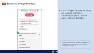 KEMENTERIAN PENDIDIKAN, KEBUDAYAAN, RISET, DAN TEKNOLOGI
9. Lihat nilai persentase ini yang
merupakan distribusi
kemampuan peserta didik
pada indikator tersebut
9
Eksplorasi Dasbor Rapor Pendidikan
II
Distribusi kemampuan peserta hanya muncul
pada indikator kemampuan numerasi dan
kemampuan literasi
 