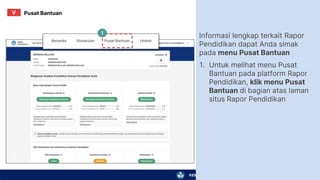 KEMENTERIAN PENDIDIKAN, KEBUDAYAAN, RISET, DAN TEKNOLOGI
Informasi lengkap terkait Rapor
Pendidikan dapat Anda simak
pada menu Pusat Bantuan
1. Untuk melihat menu Pusat
Bantuan pada platform Rapor
Pendidikan, klik menu Pusat
Bantuan di bagian atas laman
situs Rapor Pendidikan
1
Pusat Bantuan
V
 