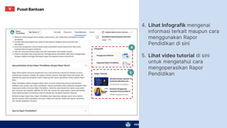 KEMENTERIAN PENDIDIKAN, KEBUDAYAAN, RISET, DAN TEKNOLOGI
4.
5.
Lihat Infografik mengenai
informasi terkait maupun cara
menggunakan Rapor
Pendidikan di sini
Lihat video tutorial di sini
untuk mengetahui cara
mengoperasikan Rapor
Pendidikan
4
5
Pusat Bantuan
V
 