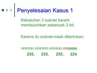 Penyelesaian Kasus 1
Kebutuhan 3 subnet berarti
membutuhkan sebanyak 3 bit.
Karena itu subnet-mask ditentukan:
11111111.11111111.11111111.11100000
255. 255. 255. 224
 