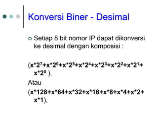 Konversi Biner - Desimal
 Setiap 8 bit nomor IP dapat dikonversi
ke desimal dengan komposisi :
(x*27+x*26+x*25+x*24+x*23+x*22+x*21+
x*20 ),
Atau
(x*128+x*64+x*32+x*16+x*8+x*4+x*2+
x*1),
 