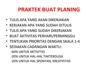 PRAKTEK BUAT PLANING TULIS APA YANG AKAN DIKERJAKAN KERJAKAN APA YANG SUDAH DITULIS TULIS APA YANG SUDAH DIKERJAKAN BUAT AKTIVITAS PERHARI/PERMINGGU TENTUKAN PRIORITAS DENGAN SKALA 1-4 SEDIAKAN CADANGAN WAKTU: -60% UNTUK AKTIVITAS -20% UNTUK HAL-HAL TAKTERDUGA -20% UNTUK HAL SPONTAN, KREATIFITAS 
