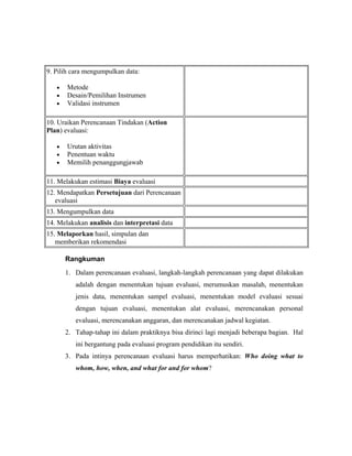 9. Pilih cara mengumpulkan data:
Metode
Desain/Pemilihan Instrumen
Validasi instrumen
10. Uraikan Perencanaan Tindakan (Action
Plan) evaluasi:
Urutan aktivitas
Penentuan waktu
Memilih penanggungjawab
11. Melakukan estimasi Biaya evaluasi
12. Mendapatkan Persetujuan dari Perencanaan
evaluasi
13. Mengumpulkan data
14. Melakukan analisis dan interpretasi data
15. Melaporkan hasil, simpulan dan
memberikan rekomendasi
Rangkuman
1. Dalam perencanaan evaluasi, langkah-langkah perencanaan yang dapat dilakukan
adalah dengan menentukan tujuan evaluasi, merumuskan masalah, menentukan
jenis data, menentukan sampel evaluasi, menentukan model evaluasi sesuai
dengan tujuan evaluasi, menentukan alat evaluasi, merencanakan personal
evaluasi, merencanakan anggaran, dan merencanakan jadwal kegiatan.
2. Tahap-tahap ini dalam praktiknya bisa dirinci lagi menjadi beberapa bagian. Hal
ini bergantung pada evaluasi program pendidikan itu sendiri.
3. Pada intinya perencanaan evaluasi harus memperhatikan: Who doing what to
whom, how, when, and what for and for whom?
 