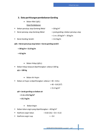 BAYRUREZA PAHLAWAN(2411131063) civil
STRUKTUR BAJA 1
3. Data perhitunganpembebananGording
 Beban Mati (qDL)
Data Pembebanan
 Beban penutup atap Genteng Metal = 30 kg/m2
 Berat penutup atap Genteng Metal = jarak gording x beban penutup atap
= 1 m x 30 kg/m2 = 30 kg/m
 Berat Gording Sendiri = 11.0 kg/m
qDL = Berat penutup atap beton + berat gording sendiri
= 30 kg/m + 11.0 kg/m
= 41 kg/m
 Beban Hidup (qDLL)
 Beban hidup terpusat diperhitungkan sebesar 100 kg
qLL = 100 kg
 Beban Air Hujan
 Beban air hujan α diperhitungkan sebesar = 40 – 0.8 α
= 40 – 0.8 (31⁰)
= 15.2 kg/m2
qH = Jarak gording α x beban air
= 1 m x 15.2 kg/m2
= 15.2 kg/m
 Beban Angin
 Beban tekan angin yang diperhitungkan = 40 kg/m2
 Koefisien angin tekan = 0.02 (31) – 0.4 = 0.22
 Koefisien angin isap = - 0.4
 