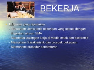 BEKERJA
• Informasi yang diperlukan
- Memahami Jenis-jenis pekerjaan yang sesuai dengan
tingkatan lulusan SMA
- Membaca lowongan kerja di media cetak dan elektronik
- Memahami Karakteristik dan prospek pekerjaan
- Memahami prosedur pendaftaran