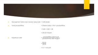  Manajemen faktor dan medan kerja baik = 0,85 (baik)
 Total produktifitas = Efisiensi kerja × FM × produktifitas
= 0,85 × 0,85 × 28
= 20,23 m3/jam
 Keperluan alat =
produktifitas alat muat
produktivitas alat angkut
=
83,33
20,23
= 4,1 ≈ 4 buah
 