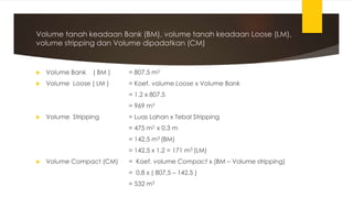 Volume tanah keadaan Bank (BM), volume tanah keadaan Loose (LM),
volume stripping dan Volume dipadatkan (CM)
 Volume Bank ( BM ) = 807,5 m3
 Volume Loose ( LM ) = Koef. volume Loose x Volume Bank
= 1.2 x 807.5
= 969 m3
 Volume Stripping = Luas Lahan x Tebal Stripping
= 475 m2 x 0,3 m
= 142,5 m3 (BM)
= 142,5 x 1,2 = 171 m3 (LM)
 Volume Compact (CM) = Koef. volume Compact x (BM – Volume stripping)
= 0.8 x ( 807,5 – 142,5 )
= 532 m3
 