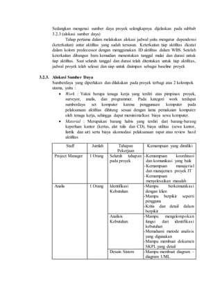 Sedangkan mengenai sumber daya proyek selengkapnya dijelaskan pada subbab
3.2.3 (alokasi sumber daya)
Tahap pertama dalam melakukan alokasi jadwal yaitu mengatur dependensi
(keterkaitan) antar aktifitas yang sudah tersusun. Keterkaitan tiap aktifitas dicatat
dalam kolom predecessor dengan menggunakan ID aktifitas dalam WBS. Setelah
keterkaitan dibangun baru kemudian menentukan tanggal mulai dan durasi untuk
tiap aktifitas. Saat seluruh tanggal dan durasi telah ditentukan untuk tiap aktifitas,
jadwal proyek telah selesai dan siap untuk disimpan sebagai baseline proyek
3.2.3. Alokasi Sumber Daya
Sumberdaya yang diperlukan dan dilakukan pada proyek terbagi atas 2 kelompok
utama, yaitu :
 Work : Yakni berupa tenaga kerja yang terdiri atas pimpinan proyek,
surveyor, analis, dan programmer. Pada kategori work terdapat
sumberdaya set komputer karena penggunaan komputer pada
pelaksanaan aktifitas dihitung sesuai dengan lama pemakaian komputer
oleh tenaga kerja, sehingga dapat meminimalkan biaya sewa komputer.
 Material : Merupakan barang habis yang terdiri dari barang-barang
keperluan kantor (kertas, alat tulis dan CD), biaya utilitas (sewa kantor,
listrik dan air) serta biaya akomodasi pelaksanaan rapat atau review hasil
aktifitas
Staff Jumlah Tahapan
Pekerjaan
Kemampuan yang dimiliki
Project Manager 1 Orang Seluruh tahapan
pada proyek
-Kemampuan koordinasi
dan komunikasi yang baik
-Kemampuan manajerial
dan manajemen proyek IT
-Kemampuan
menyelesaikan masalah
Analis 1 Orang Identifikasi
Kebutuhan
-Mampu berkomunikasi
dengan klien
-Mampu berpikir seperti
pengguna
-Kritis dan detail dalam
berpikir
Analisis
Kebutuhan
-Mampu mengelompokan
fungsi dari identifikasi
kebutuhan
-Memahami metode analisis
yang digunakan
-Mampu membuat dokumen
SKPL yang detail
Desain Sistem -Mampu membuat diagram –
diagram UML
 