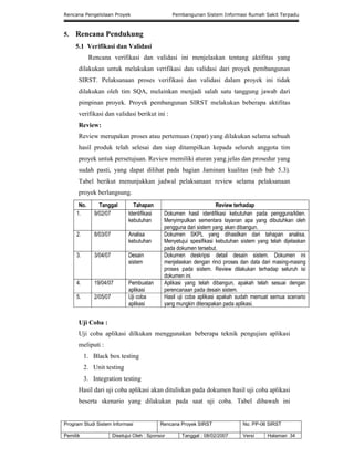 Rencana Pengelolaan Proyek Pembangunan Sistem Informasi Rumah Sakit Terpadu
Program Studi Sistem Informasi Rencana Proyek SIRST No. PP-06 SIRST
Pemilik Disetujui Oleh : Sponsor Tanggal : 08/02/2007 Versi Halaman 34
5. Rencana Pendukung
5.1 Verifikasi dan Validasi
Rencana verifikasi dan validasi ini menjelaskan tentang aktifitas yang
dilakukan untuk melakukan verifikasi dan validasi dari proyek pembangunan
SIRST. Pelaksanaan proses verifikasi dan validasi dalam proyek ini tidak
dilakukan oleh tim SQA, melainkan menjadi salah satu tanggung jawab dari
pimpinan proyek. Proyek pembangunan SIRST melakukan beberapa aktifitas
verifikasi dan validasi berikut ini :
Review:
Review merupakan proses atau pertemuan (rapat) yang dilakukan selama sebuah
hasil produk telah selesai dan siap ditampilkan kepada seluruh anggota tim
proyek untuk persetujuan. Review memiliki aturan yang jelas dan prosedur yang
sudah pasti, yang dapat dilihat pada bagian Jaminan kualitas (sub bab 5.3).
Tabel berikut menunjukkan jadwal pelaksanaan review selama pelaksanaan
proyek berlangsung.
No. Tanggal Tahapan Review terhadap
1. 9/02/07 Identifikasi
kebutuhan
Dokumen hasil identifikasi kebutuhan pada pengguna/klien.
Menyimpulkan sementara layanan apa yang dibutuhkan oleh
pengguna dari sistem yang akan dibangun.
2. 8/03/07 Analisa
kebutuhan
Dokumen SKPL yang dihasilkan dari tahapan analisa.
Menyetujui spesifikasi kebutuhan sistem yang telah dijelaskan
pada dokumen tersebut.
3. 3/04/07 Desain
sistem
Dokumen deskripsi detail desain sistem. Dokumen ini
menjelaskan dengan rinci proses dan data dari masing-masing
proses pada sistem. Review dilakukan terhadap seluruh isi
dokumen ini.
4. 19/04/07 Pembuatan
aplikasi
Aplikasi yang telah dibangun, apakah telah sesuai dengan
perencanaan pada desain sistem.
5. 2/05/07 Uji coba
aplikasi
Hasil uji coba aplikasi apakah sudah memuat semua scenario
yang mungkin diterapakan pada aplikasi.
Uji Coba :
Uji coba aplikasi dilkukan menggunakan beberapa teknik pengujian aplikasi
meliputi :
1. Black box testing
2. Unit testing
3. Integration testing
Hasil dari uji coba aplikasi akan dituliskan pada dokumen hasil uji coba aplikasi
beserta skenario yang dilakukan pada saat uji coba. Tabel dibawah ini
 