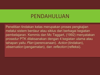 PENDAHULUAN
Penelitian tindakan kelas merupakan proses pengkajian
melalui sistem berdaur atau siklus dari berbagai kegiatan
pembelajaran. Kemmis dan Mc Taggart, (1992) menyatakan
prosedur PTK dilaksanakan dengan 4 kegiatan utama atau
tahapan yaitu Plan (perencanaan). Action (tindakan),
observation (pengamatan), dan reflection (refleksi).

 