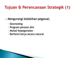    Mengurangi kelebihan pegawai;
    ◦   Downsizing
    ◦   Program pensiun dini
    ◦   Mutasi kepegawaian
    ◦   Berhenti kerja secara natural
 