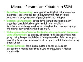 Metode Peramalan Kebutuhan SDM
• Zero-Base Forecasting: menggunakan tingkat kekaryawanan
organisasi saat ini sebagai titik awal untuk menentukan
kebutuhan penyediaan staf (staffing) di masa depan.
• Bottom-Up Approach: setiap level yang berurutan dalam
organisasi, mulai dari yang terendah, meramalkan
kebutuhannya, hingga akhirnya menghasilkan ramalan agregat
mengenai karyawan yang dibutuhkan.
• Hubungan antara Volume Penjualan dengan Jumlah Karyawan
yang Dibutuhkan: Salah satu prediktor tingkat kekaryawanan
yang paling berguna adalah volume penjualan. Ada hubungan
positif antara permintaan produk dengan jumlah karyawan yang
dubutuhkan.
• Model Simulasi: teknik peramalan dengan melakukan
eksperimen mengenai situasi nyata menggunakan model
matematis.
 