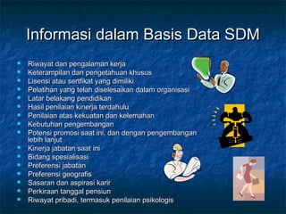 Informasi dalam Basis Data SDMInformasi dalam Basis Data SDM
 Riwayat dan pengalaman kerjaRiwayat dan pengalaman kerja
 Keterampilan dan pengetahuan khususKeterampilan dan pengetahuan khusus
 Lisensi atau sertfikat yang dimilikiLisensi atau sertfikat yang dimiliki
 Pelatihan yang telah diselesaikan dalam organisasiPelatihan yang telah diselesaikan dalam organisasi
 Latar belakang pendidikanLatar belakang pendidikan
 Hasil penilaian kinerja terdahuluHasil penilaian kinerja terdahulu
 Penilaian atas kekuatan dan kelemahanPenilaian atas kekuatan dan kelemahan
 Kebutuhan pengembanganKebutuhan pengembangan
 Potensi promosi saat ini, dan dengan pengembanganPotensi promosi saat ini, dan dengan pengembangan
lebih lanjutlebih lanjut
 Kinerja jabatan saat iniKinerja jabatan saat ini
 Bidang spesialisasiBidang spesialisasi
 Preferensi jabatanPreferensi jabatan
 Preferensi geografisPreferensi geografis
 Sasaran dan aspirasi karirSasaran dan aspirasi karir
 Perkiraan tanggal pensiunPerkiraan tanggal pensiun
 Riwayat pribadi, termasuk penilaian psikologisRiwayat pribadi, termasuk penilaian psikologis
 