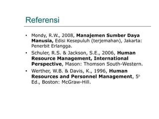 Referensi
• Mondy, R.W., 2008, Manajemen Sumber Daya
Manusia, Edisi Kesepuluh (terjemahan), Jakarta:
Penerbit Erlangga.
• Schuler, R.S. & Jackson, S.E., 2006, Human
Resource Management, International
Perspective, Mason: Thomson South-Western.
• Werther, W.B. & Davis, K., 1996, Human
Resources and Personnel Management, 5th
Ed., Boston: McGraw-Hill.
 