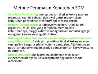 Metode Peramalan Kebutuhan SDM
• Zero-Base Forecasting: menggunakan tingkat kekaryawanan
organisasi saat ini sebagai titik awal untuk menentukan
kebutuhan penyediaan staf (staffing) di masa depan.
• Bottom-Up Approach: setiap level yang berurutan dalam
organisasi, mulai dari yang terendah, meramalkan
kebutuhannya, hingga akhirnya menghasilkan ramalan agregat
mengenai karyawan yang dibutuhkan.
• Hubungan antara Volume Penjualan dengan Jumlah Karyawan
yang Dibutuhkan: Salah satu prediktor tingkat kekaryawanan
yang paling berguna adalah volume penjualan. Ada hubungan
positif antara permintaan produk dengan jumlah karyawan yang
dubutuhkan.
• Model Simulasi: teknik peramalan dengan melakukan
eksperimen mengenai situasi nyata menggunakan model
matematis.
 