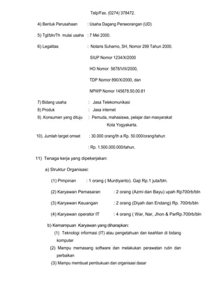 Telp/Fax. (0274) 378472.
4) Bentuk Perusahaan

: Usaha Dagang Perseorangan (UD)

5) Tgl/bln/Th mulai usaha : 7 Mei 2000.
6) Legalitas

: Notaris Suharno, SH, Nomor 299 Tahun 2000.
SIUP Nomor 1234/X/2000
HO Nomor 5678/VIII/2000,
TDP Nomor 890/X/2000, dan
NPWP Nomor 145678.50.00.81

7) Bidang usaha

: Jasa Telekomunikasi

8) Produk

: Jasa internet

9) .Konsumen yang dituju

: Pemuda, mahasiswa, pelajar dan masyarakat
Kota Yogyakarta.

10). Jumlah target omset

: 30.000 orang/th a Rp. 50.000/orang/tahun
: Rp. 1.500.000.000/tahun.

11) Tenaga kerja yang dipekerjakan:
a) Struktur Organisasi:
(1) Pimpinan

: 1 orang ( Murdiyanto). Gaji Rp.1 juta/bln.

(2) Karyawan Pemasaran

: 2 orang (Azmi dan Bayu) upah Rp700rb/bln

(3) Karyawan Keuangan

: 2 orang (Diyah dan Endang) Rp. 700rb/bln

(4) Karyawan operator IT

: 4 orang ( War, Nar, Jhon & ParRp.700rb/bln

b) Kemampuan Karyawan yang diharapkan:
(1) Teknologi informasi (IT) atau pengetahuan dan keahlian di bidang
komputer
(2) Mampu memasang software dan melakukan perawatan rutin dan
perbaikan
(3) Mampu membuat pembukuan dan organisasi dasar

 