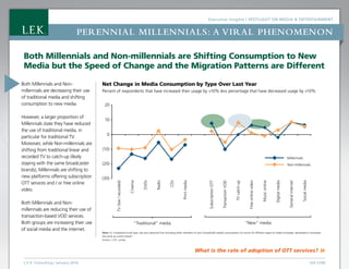 Executive Insights | Spotlight on Media  Entertainment
L.E.K. Consulting / January 2016 LEK.COM
Perennial Millennials: a viral phenomenon
What is the rate of adoption of OTT services? »
Both Millennials and Non-millennials are Shifting Consumption to New
Media but the Speed of Change and the Migration Patterns are Different
Both Millennials and Non-
millennials are decreasing their use
of traditional media and shifting
consumption to new media.
However, a larger proportion of
Millennials state they have reduced
the use of traditional media, in
particular for traditional TV.
Moreover, while Non-millennials are
shifting from traditional linear and
recorded TV to catch-up (likely
staying with the same broadcaster
brands), Millennials are shifting to
new platforms offering subscription
OTT services and / or free online
video.
Both Millennials and Non-
millennials are reducing their use of
transaction-based VOD services.
Both groups are increasing their use
of social media and the internet.
Net Change in Media Consumption by Type Over Last Year
Percent of respondents that have increased their usage by 10% less percentage that have decreased usage by 10%
SubscriptionOTT
TransactionVOD
TVcatch-up
Freeonlinevideo
Musiconline
Digitalmedia
Generalinternet
Socialmedia
TV(live/recorded)
Cinema
DVDs
Radio
CDs
Printmedia
20
10
0
(10)
(20)
(30)
“Traditional” media “New” media
Millennials
Non-millennials
Note: Q: Compared to last year, has your personal (not including other members of your household) weekly consumption (in hours) for different types of media increased, decreased or remained
the same as current levels?
Source: L.E.K. survey
 
