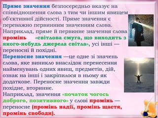 Полотно:
«лляна, конопляна, бавовняна
тканина» — пряме номінативне
значення;
«картина художника»,
«проїзна частина
дороги»...