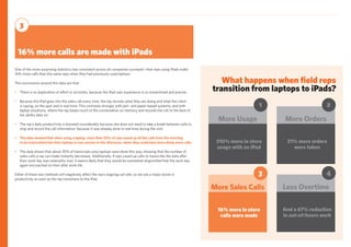 What happens when field reps
transition from laptops to iPads?
21% more orders
were taken
More Orders
2
16% more in store
calls were made
More Sales Calls
3
And a 67% reduction
in out-of-hours work
Less Overtime
4
16% more calls are made with iPads
3
310% more in store
usage with an iPad
More Usage
1
One of the more surprising statistics was consistent across all companies surveyed—that reps using iPads make
16% more calls than the same reps when they had previously used laptops.
The conclusions around this data are that:
•	 There is no duplication of effort or activities, because the iPad user experience is so streamlined and precise.
•	 Because the iPad goes into the sales call every time, the rep records what they are doing and what the client 	
	 is saying, on the spot and in real time. This contrasts strongly with pen- and paper-based systems, and with 	
	 laptop situations, where the rep bases much of the conversation on memory and records the call to the best of 	
	 her ability later on.
•	 The rep’s daily productivity is boosted considerably because she does not need to take a break between calls to 	
	 stop and record the call information, because it was already done in real time during the visit.
•	 The data showed that when using a laptop, more than 50% of reps saved up all the calls from the morning 	
	 to be transcribed into their laptops in one session in the afternoon, when they could have been doing more calls.
•	 The data shows that about 35% of transcripts onto laptops were done this way, showing that the number of 	
	 sales calls a rep can make instantly decreases. Additionally, if reps saved up calls to transcribe the data after 	
	 their work day was ostensibly over, it seems likely that they would be somewhat disgruntled that the work day 	
	 again encroached on their after work life.
Either of these two methods will negatively affect the rep’s ongoing call rate, so we see a major boost in
productivity as soon as the rep transitions to the iPad.
 