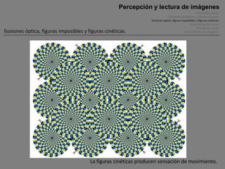 Percepción y lectura de imágenes
                                                                                                       Percepción visual .
                                                                               Principios perceptivos y efectos visuales.
                                                                  Ilusiones óptica, figuras imposibles y figuras cinéticas.
                                                                                                 La comunicación visual.
                                                                                                        El lenguaje visual.
Ilusiones óptica, figuras imposibles y figuras cinéticas.                                     Funciones de las imágenes.




                                        La figuras cinéticas producen sensación de movimiento.
 