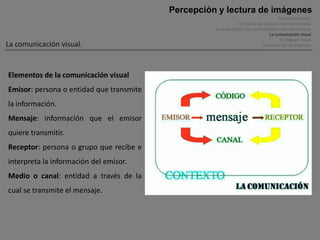 Percepción y lectura de imágenes
                                                                                         Percepción visual .
                                                                 Principios perceptivos y efectos visuales.
                                                    Ilusiones óptica, figuras imposibles y figuras cinéticas.
                                                                                   La comunicación visual.
                                                                                          El lenguaje visual.
La comunicación visual.                                                         Funciones de las imágenes.




Elementos de la comunicación visual
Emisor: persona o entidad que transmite
la información.
Mensaje: información que el emisor
quiere transmitir.
Receptor: persona o grupo que recibe e
interpreta la información del emisor.
Medio o canal: entidad a través de la
cual se transmite el mensaje.
 